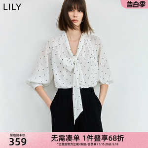 LILY2024夏新款女装气质优雅印花通勤温柔七分袖灯笼袖衬衫雪纺衫