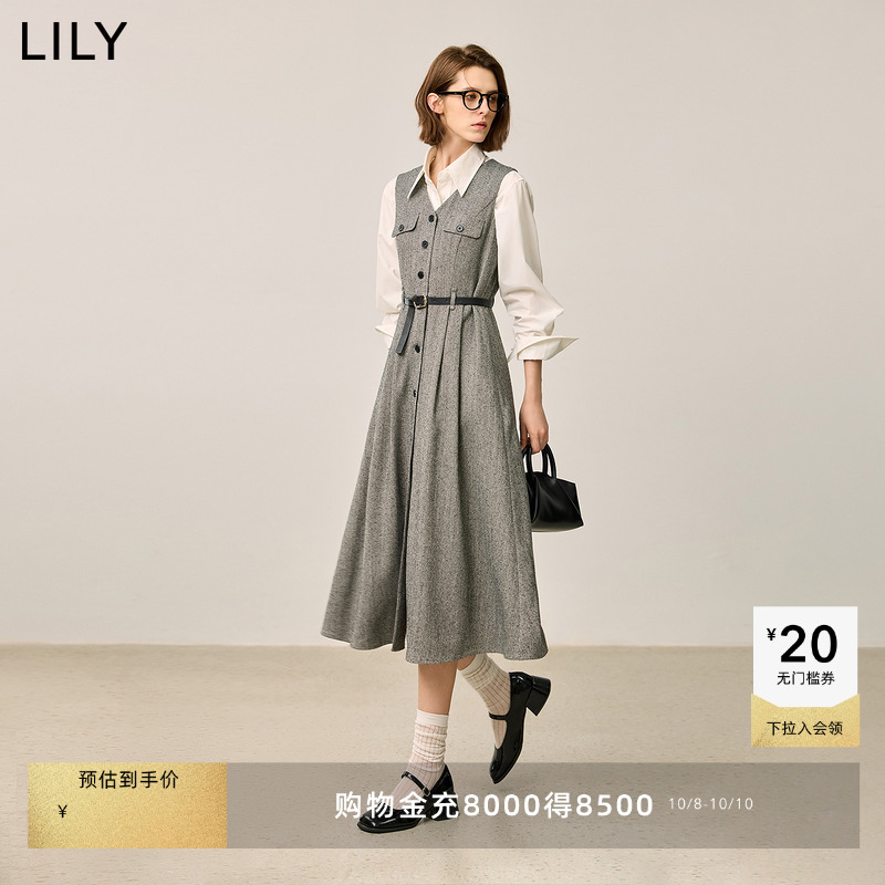 LILY通勤收腰复古无袖马甲连衣裙