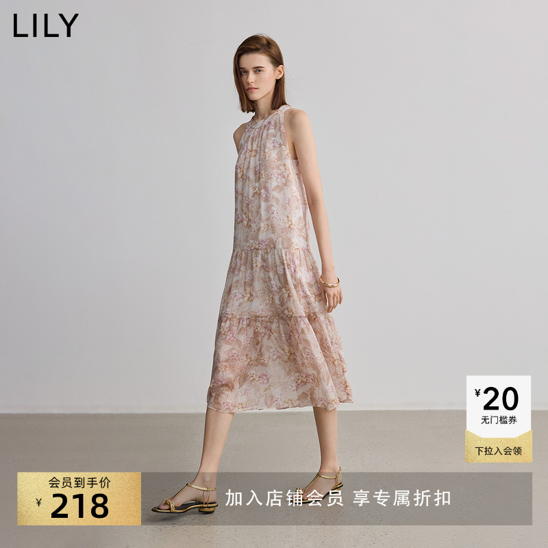 LILY挂脖复古新款度假连衣裙