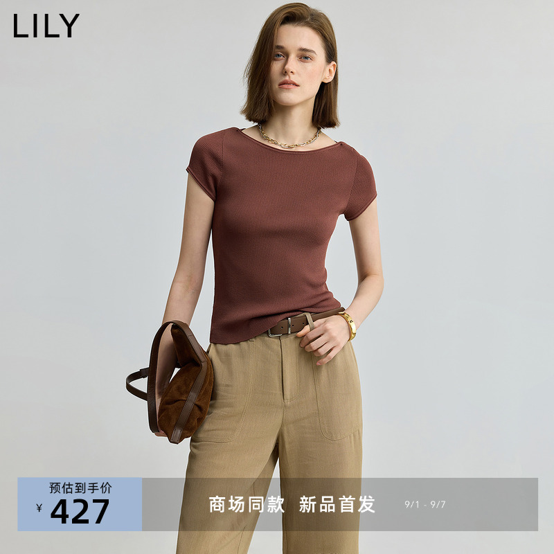 【商场同款】LILY2025秋新款女装醋酸混纺复古修身休闲短袖针织衫
