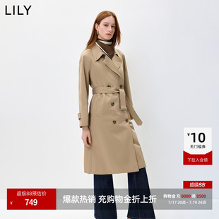 LILY2026秋新款女装简约翻领腰带宽松休闲通勤百搭卡其色风衣外套
