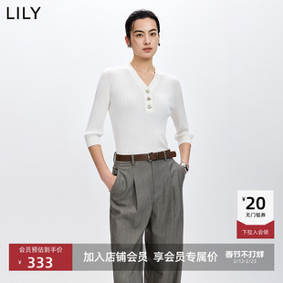 LILY2026春新款女装莱赛尔醋酸混纺V领七分袖修身通勤白色针织衫