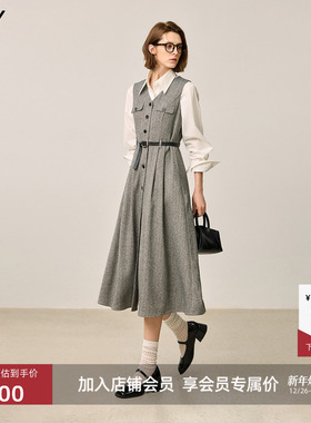 LILY2025冬新款女装格雷系复古无袖收腰V领气质通勤马甲式连衣裙