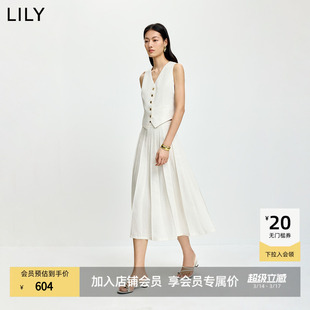 LILY2026夏新款女装莱赛尔亚麻混纺无袖V领收腰米白色马甲连衣裙
