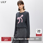 羊毛混纺格雷系撞色蝴蝶结圆领灰色针织衫 LILY2026春新款 女装 毛衣