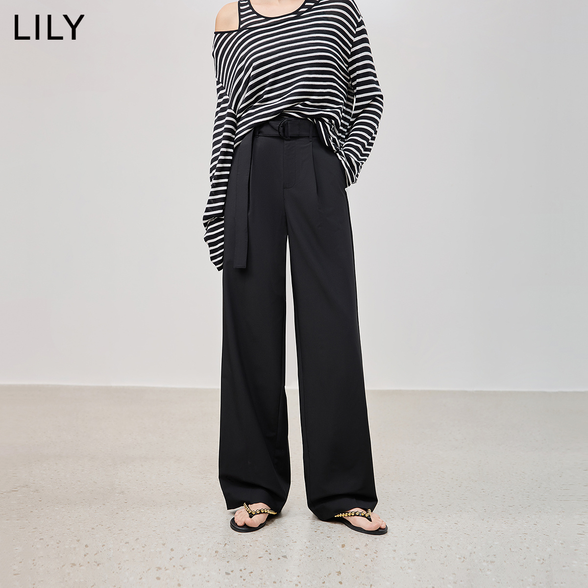 LILY弹力经典休闲腰带阔腿裤