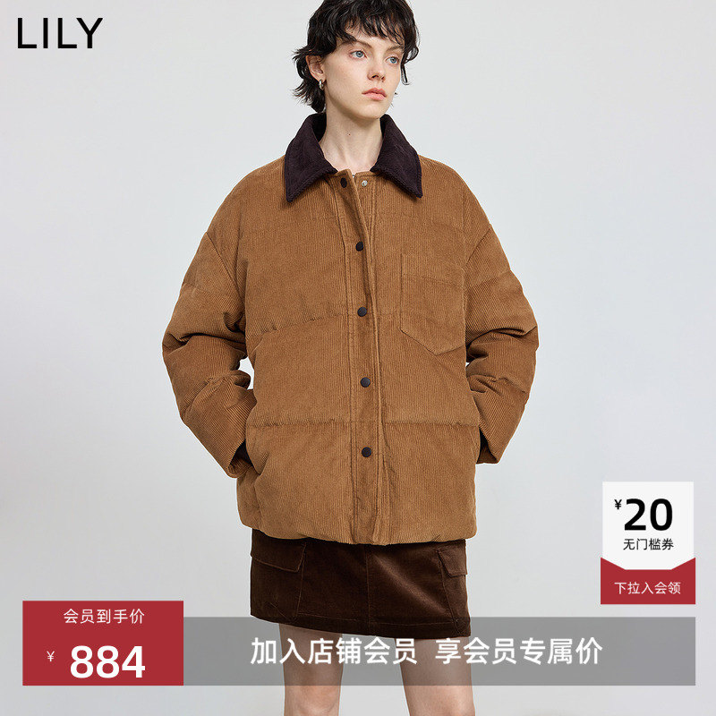 LILY鸭绒巴恩撞色灯芯绒羽绒服