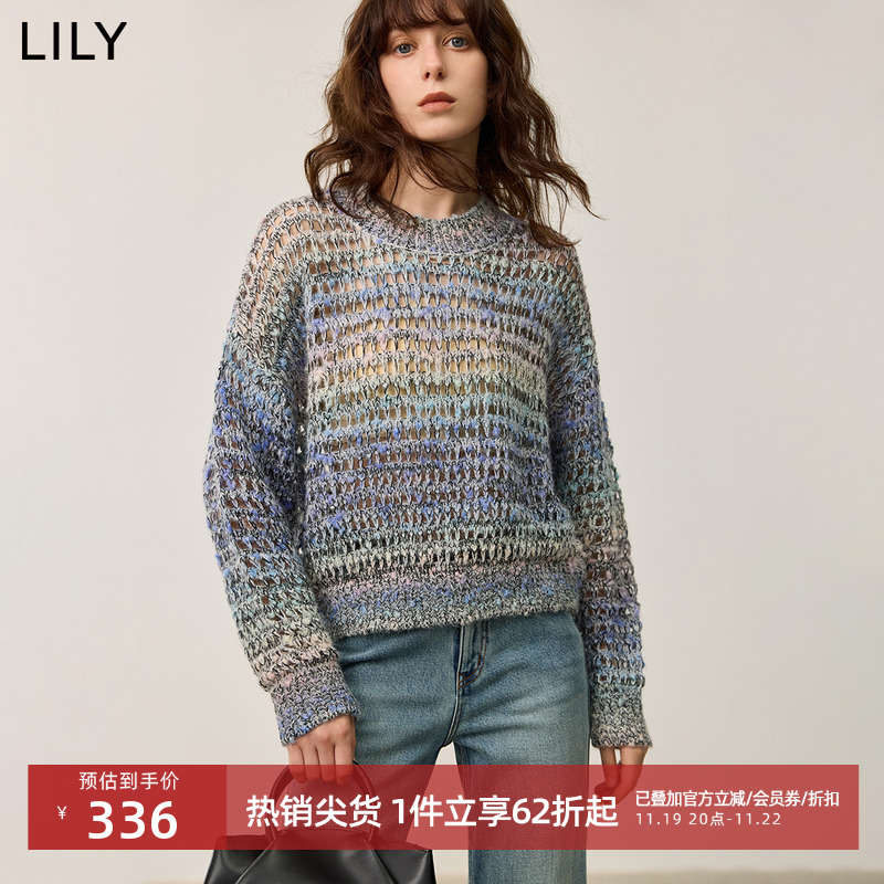 LILY2024秋新款女装含绵羊毛镂空渐变莫奈色彩设计感毛衣针织衫女