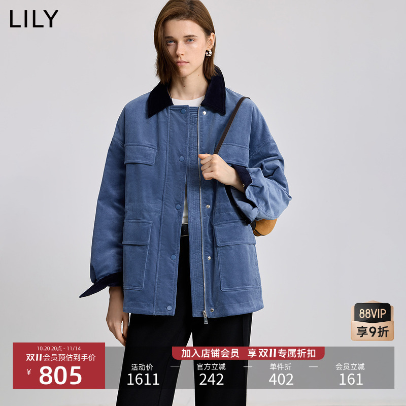 LILY通勤撞色收腰灯芯绒羽绒服