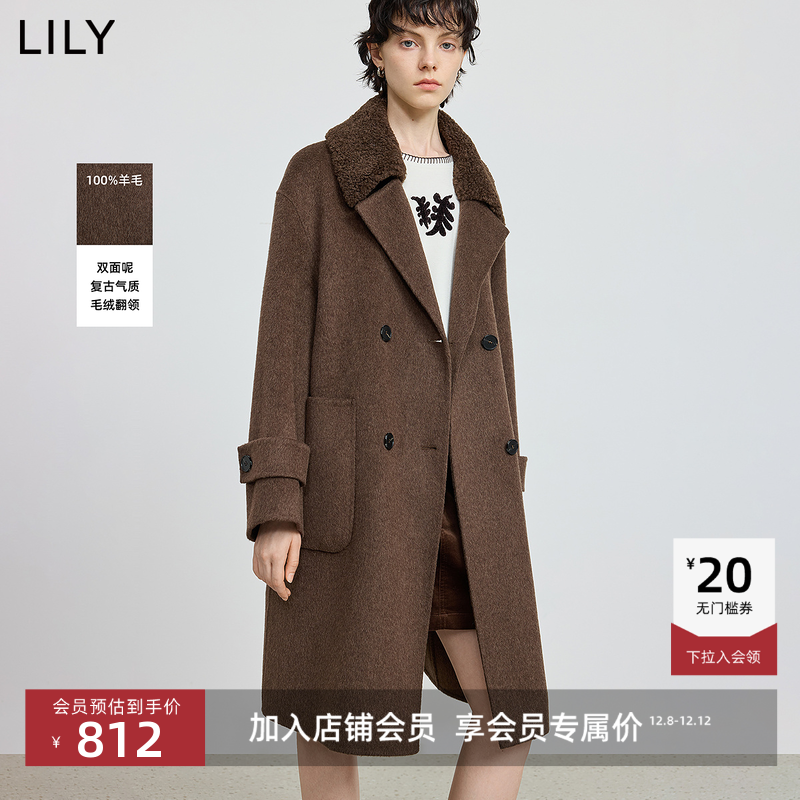 LILY复古气质毛绒翻领毛呢外套