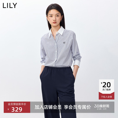 LILY2026春新款女装纯棉简约翻领撞色细条纹宽松休闲通勤衬衫外套