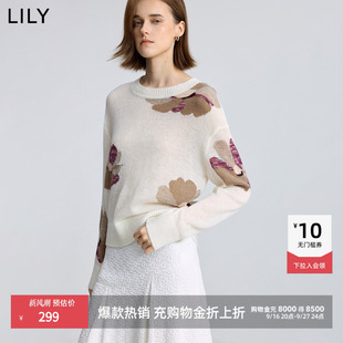 LILY2025冬新款女装含羊毛马海毛撞色花卉提花套头圆领针织衫毛衣