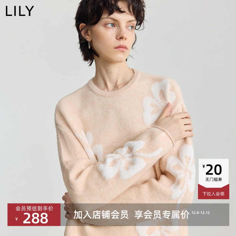 LILY针织衫骆驼绒提花圆领毛衣