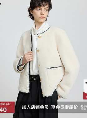 LILY2025冬新款女装法式撞色小香风休闲气质通勤白色毛绒外套短款