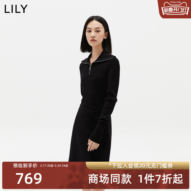 【商场同款】LILY2023冬新款女装复古优雅通勤款针织连衣裙小黑裙