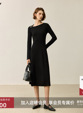LILY2025冬新款含羊毛设计感收腰气质黑色显瘦A字长袖连衣裙女