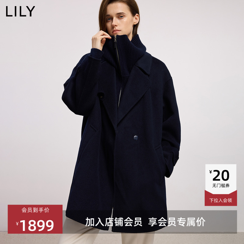 【100%羊毛】商场同款LILY2025冬新款女装翻领通勤毛呢外套中长款