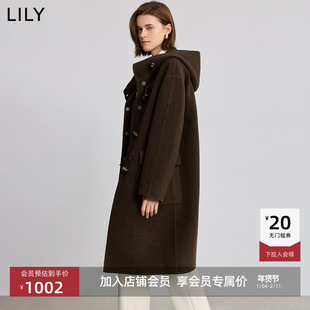 100%羊毛LILY2025冬新款女装复古学院风牛角扣双面呢毛呢大衣外套