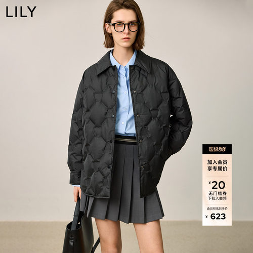 LILY中长款经典格纹羽绒服外套