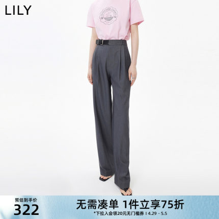 LILY夏新款女装别致不对称腰带显瘦高腰款直筒通勤西装休闲裤