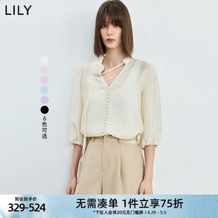 女2024春新品 通勤内搭春日衬衫 花朵V领雪纺衫 LILY醋酸含亚麻法式