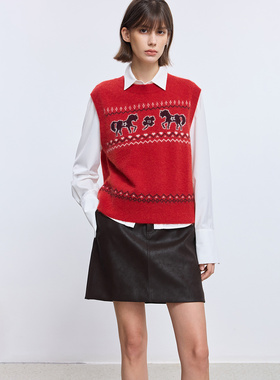 LILY2025冬新款兔绒羊毛混纺费尔岛撞色提花马年针织衫马甲背心女