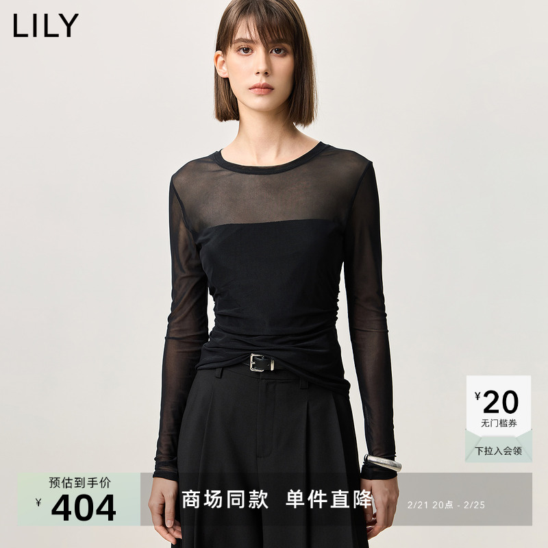 【商场同款】LILY2025春新款女装网纱弹力圆领黑色长袖T恤打底衫