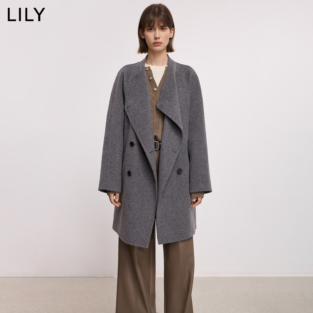 LILY2025冬新款女装羊毛山羊绒格雷系半高领高级感双面呢毛呢大衣