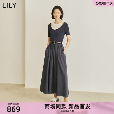 【商场同款】LILY2024春新款女装时尚设计感假两件高腰A字连衣裙