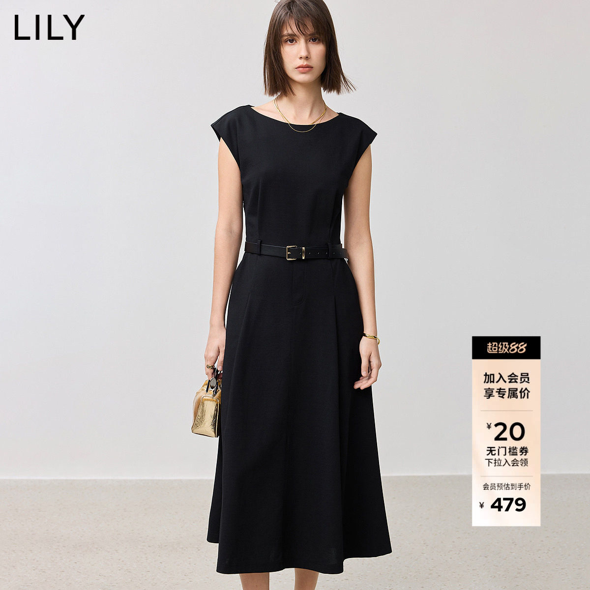 【LILY时光小黑裙】商场同款2025新款女装赫本风收腰圆领连衣