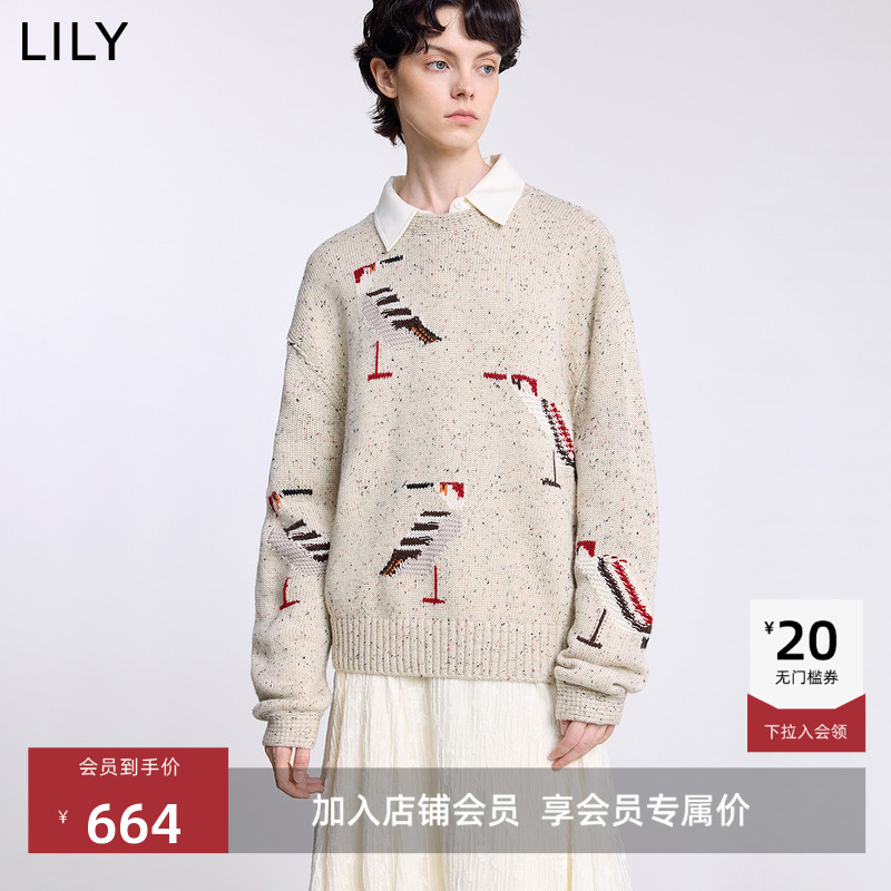 【商场同款】LILY2025冬新款含羊毛小鸟提花圆领套头针织衫毛衣女