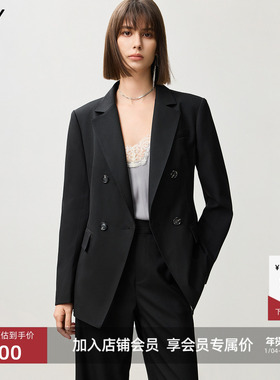 【商场同款】LILY2025女装经典收腰双排扣职业通勤黑色西装外套