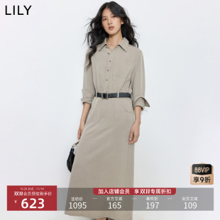 翻领收腰浅色衬衫 莱赛尔混纺工装 裙过膝连衣裙 女装 LILY2025秋新款