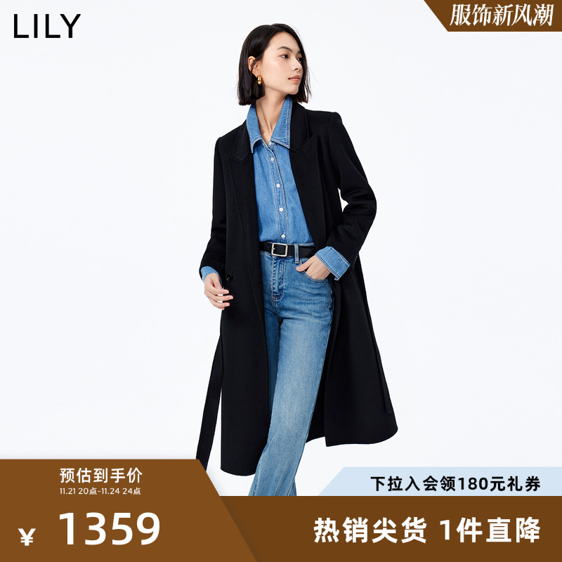 【100%绵羊毛】LILY2023冬新款复古双排扣黑色毛呢外套长款大衣女