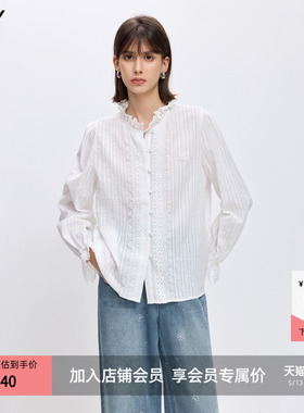 LILY2026春新款女装纯棉法式宫廷风立领上衣蕾丝衬衣白色长袖衬衫