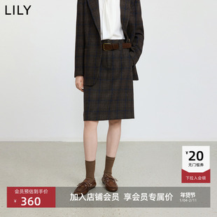 LILY2025冬新款女装羊毛混纺学院风格纹腰带气质通勤直筒裙半身裙
