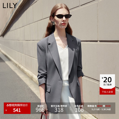 LILY2026夏新款复古经典竖条纹驳领七分袖修身收腰西装外套女西服