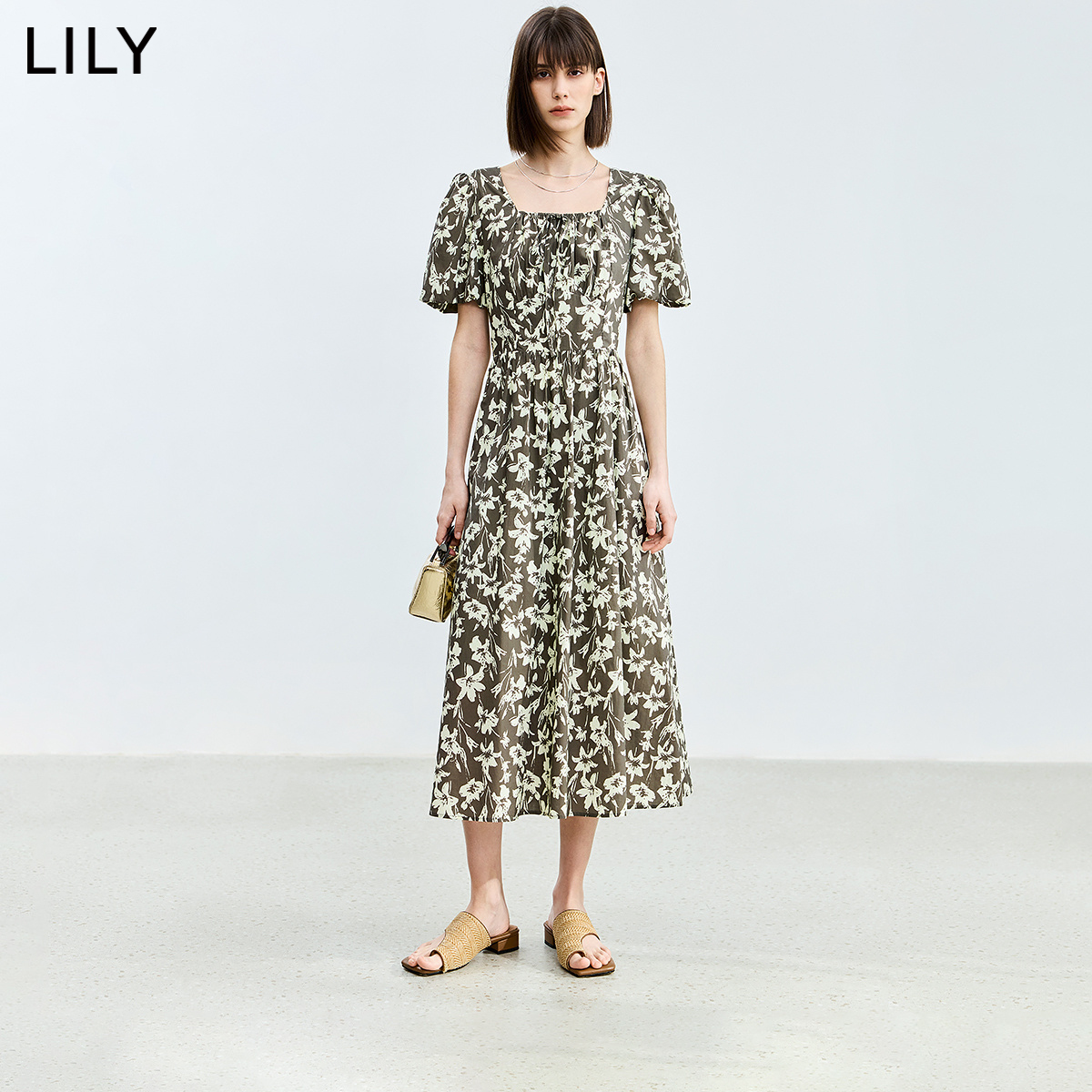 【商场同款】LILY2024夏新款法式优雅浪漫碎花方领短袖茶歇连衣裙