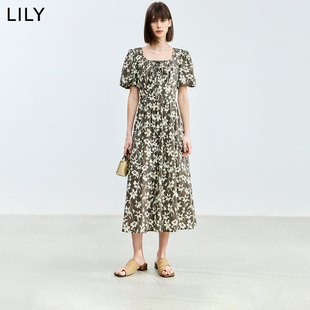 优雅浪漫碎花方领短袖 法式 商场同款 茶歇连衣裙 LILY2024夏新款