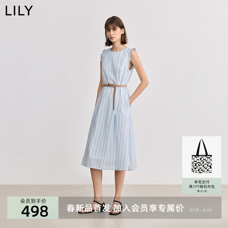 LILY2025春新款女装条纹宽松休闲小飞袖收腰圆领蓝色连衣裙中长裙
