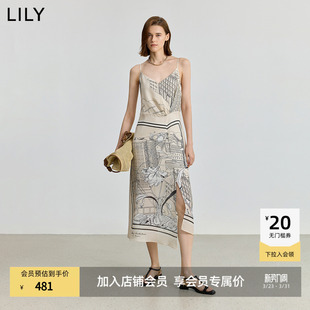 LILY2025女装 商场同款 醋酸混纺斜裁印花收腰连衣裙 ART系列