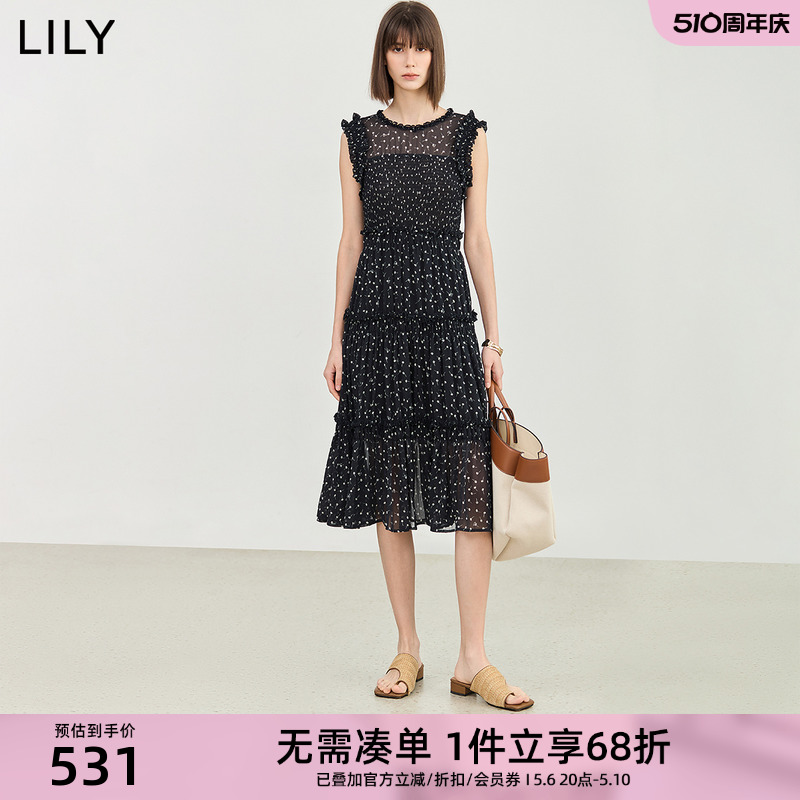 LILY2024夏新款法式复古碎花轻薄花边无袖高腰显瘦连衣裙小黑裙 女装/女士精品 连衣裙 原图主图