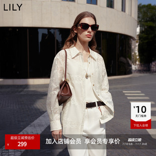 LILY2026夏新款女装法式镂空绣花翻领宽松休闲通勤米白色衬衫外套
