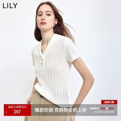 LILY翻领纯色混纺短袖女装针织衫