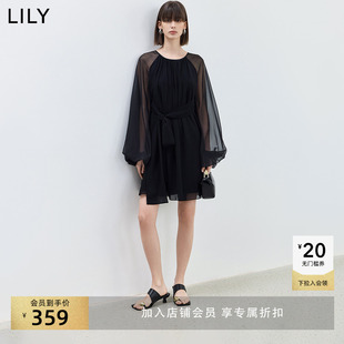 垂坠感袖 LILY2024夏新款 子设计小黑裙女飘逸连衣裙 商场同款