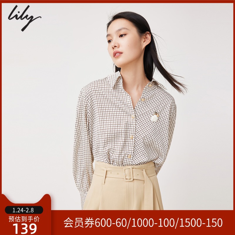 LILY冬新款女装气质复古不对称格纹精致胸针长袖POLO衬衫