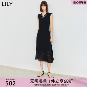 LILY2024夏季新品优雅气质拼接蕾丝镂空V领小黑裙无袖仙女连衣裙