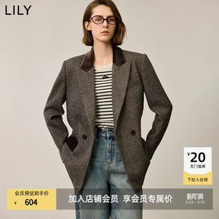 LILY2025冬新款 外套女 含羊毛复古美拉德彩点丝绒收腰气质通勤西装