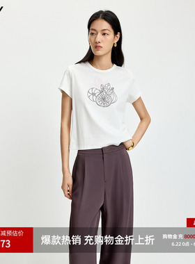 LILY2026夏新款莫代尔棉混纺简约撞色印花绣花圆领白色短袖T恤女