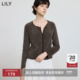 LILY2025冬新款 复古亮丝羽毛纱休闲圆领通勤咖啡色毛绒针织开衫 女